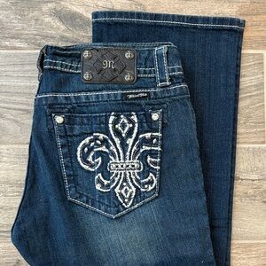 Miss Me Dark Blue Boot Cut Jeans with White Embroidery